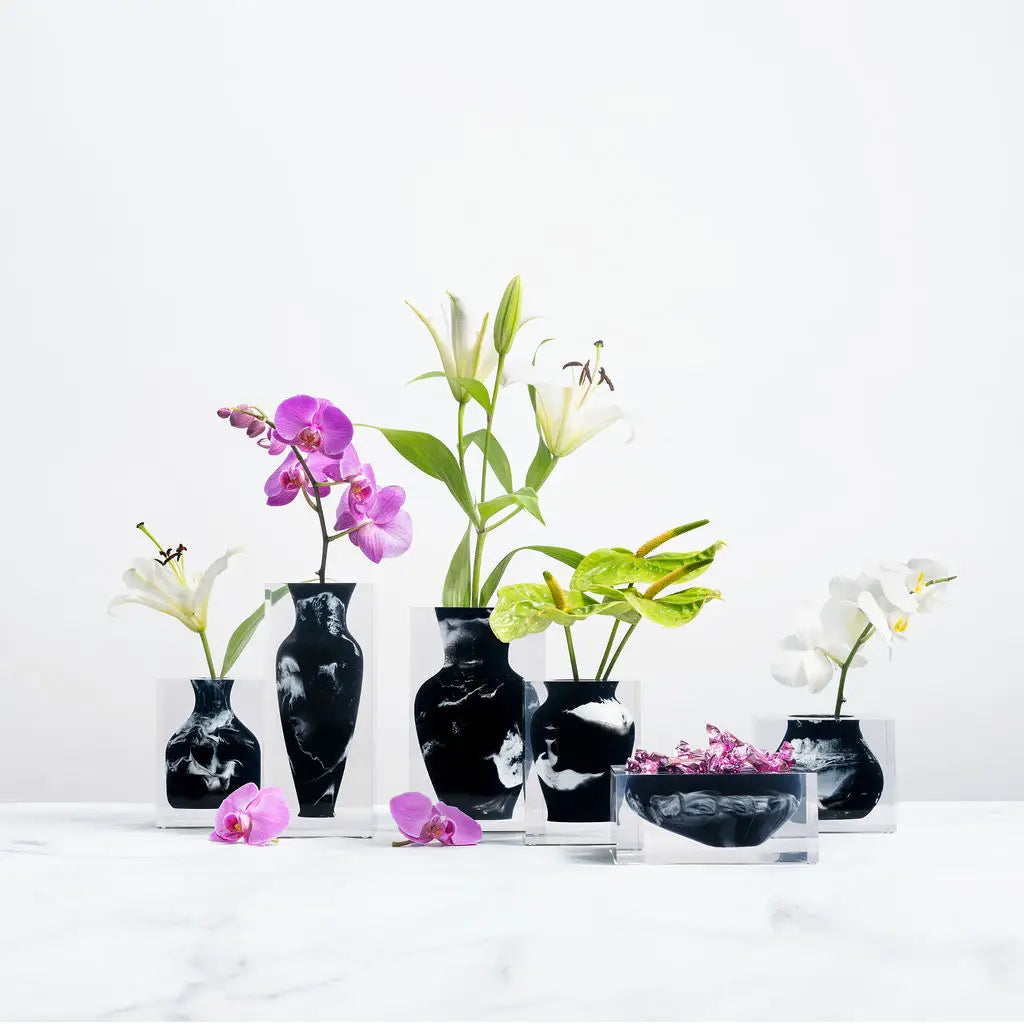 Athena Bud Acrylic Block Black Vase - Marbled Black