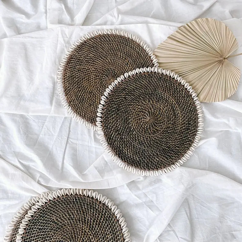 Cowrie Shell Rattan Placemat - Brown