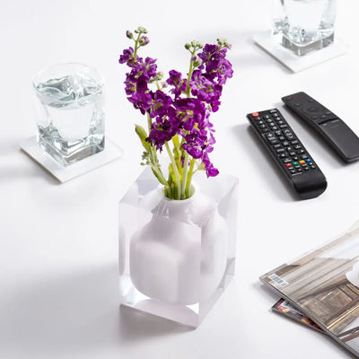 Snow Bud Acrylic Block Black Vase - White