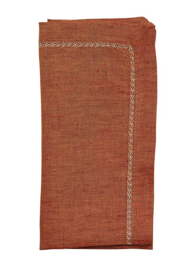 100% Linen Dinner Napkin with Embroidered Edge - Rust
