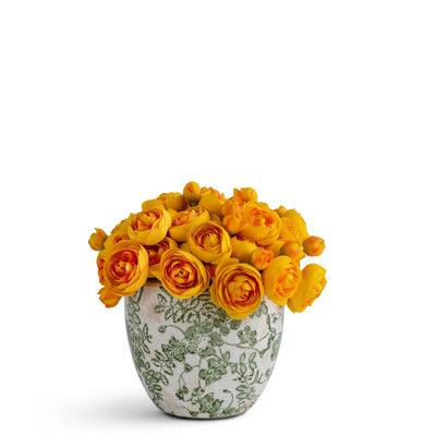 Baby Ranunculus blooms in Green & White Ceramic Vase