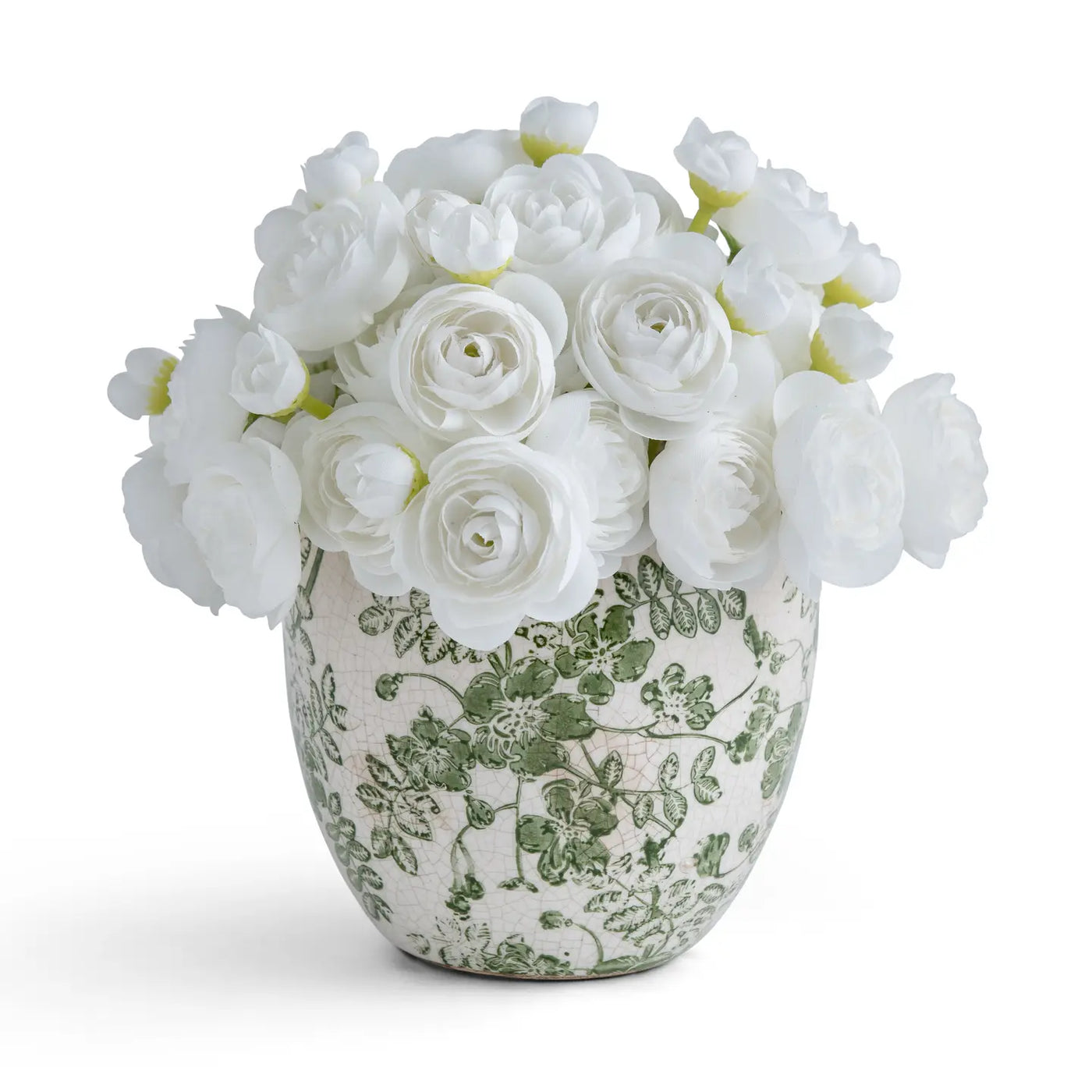 Baby Ranunculus blooms in Green & White Ceramic Vase