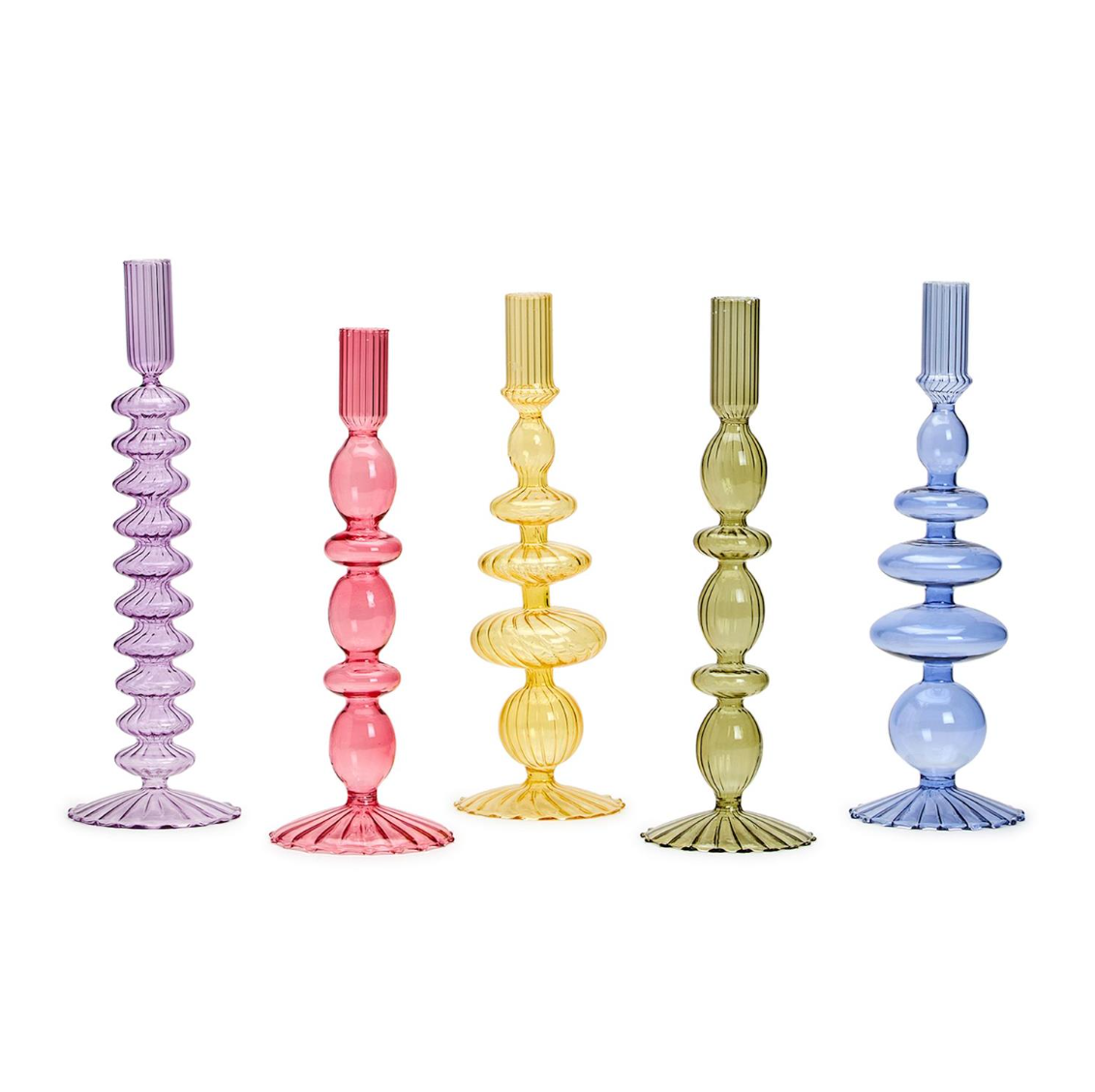 Hand-Blown Colored Glass Tapered Candlestick Candleholder - Set of 5