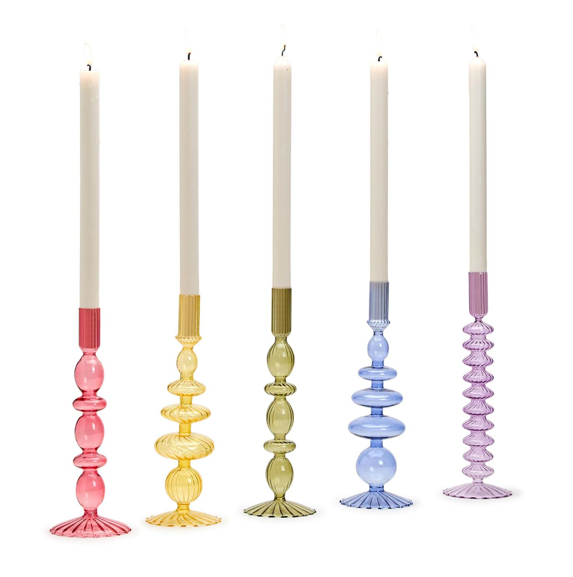 Hand-Blown Colored Glass Tapered Candlestick Candleholder - Set of 5