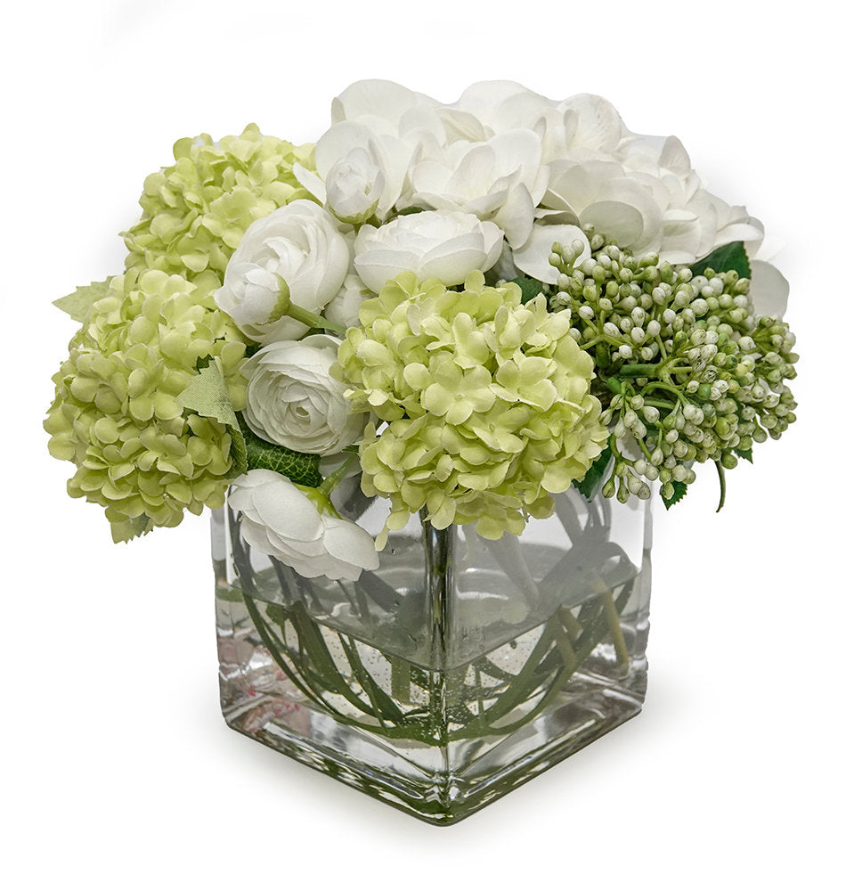 HYDRANGEA, SNOWBALL, RANUNCULUS IN 4" CUBE