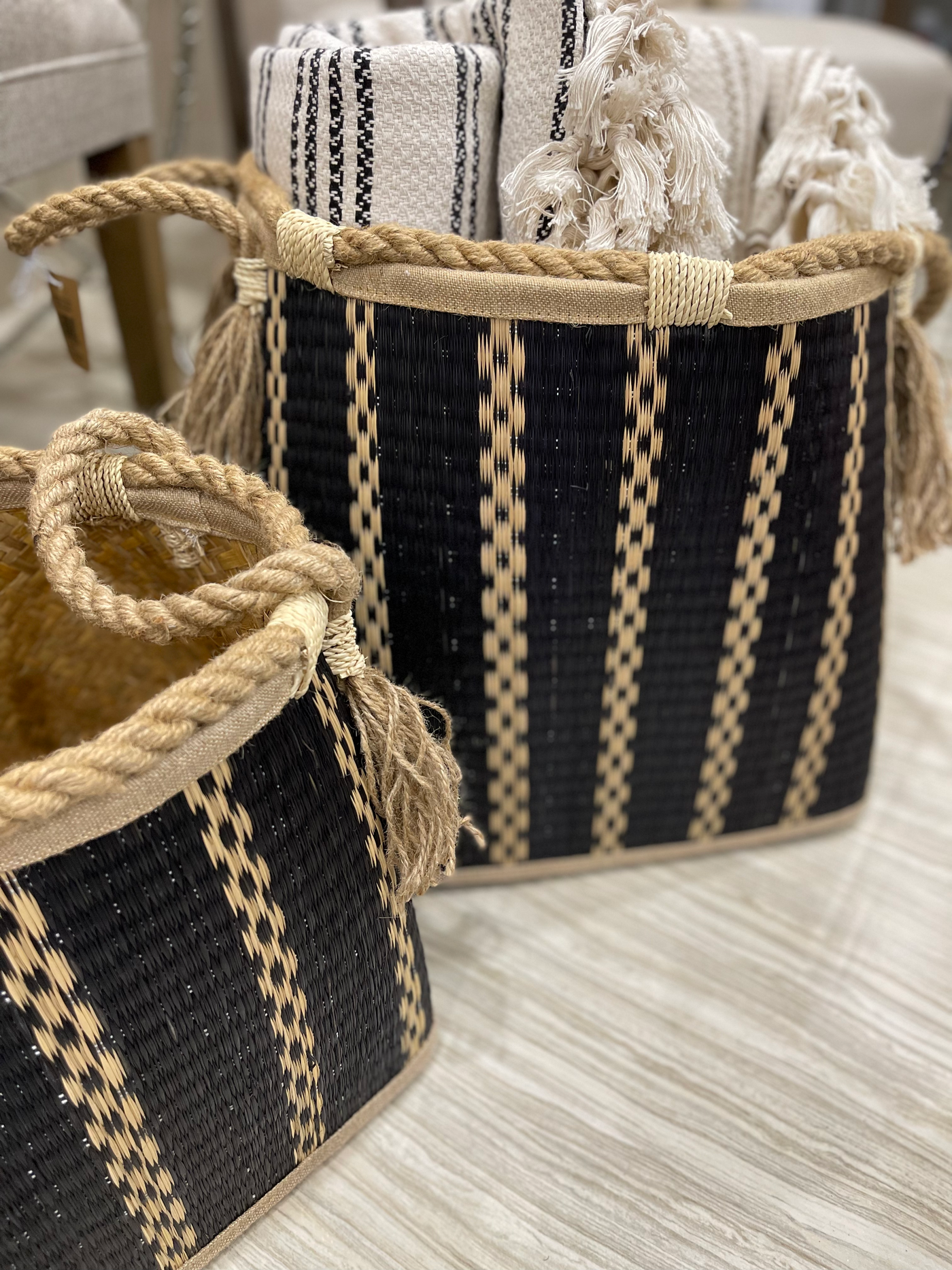 Wicker Baskets with Rope Handles, Set of 2