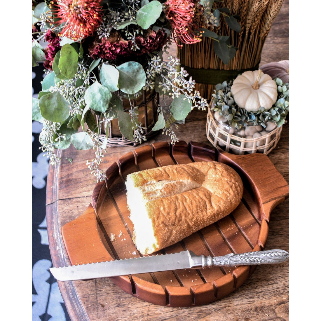 Round Bread Board with Pewter Wheat Knife