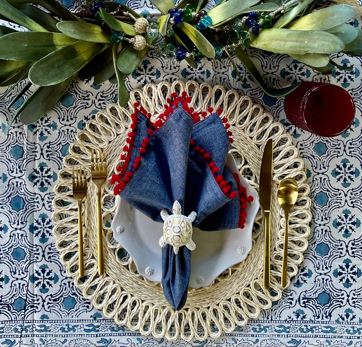 Block Printed Blue Floral Tablecloth