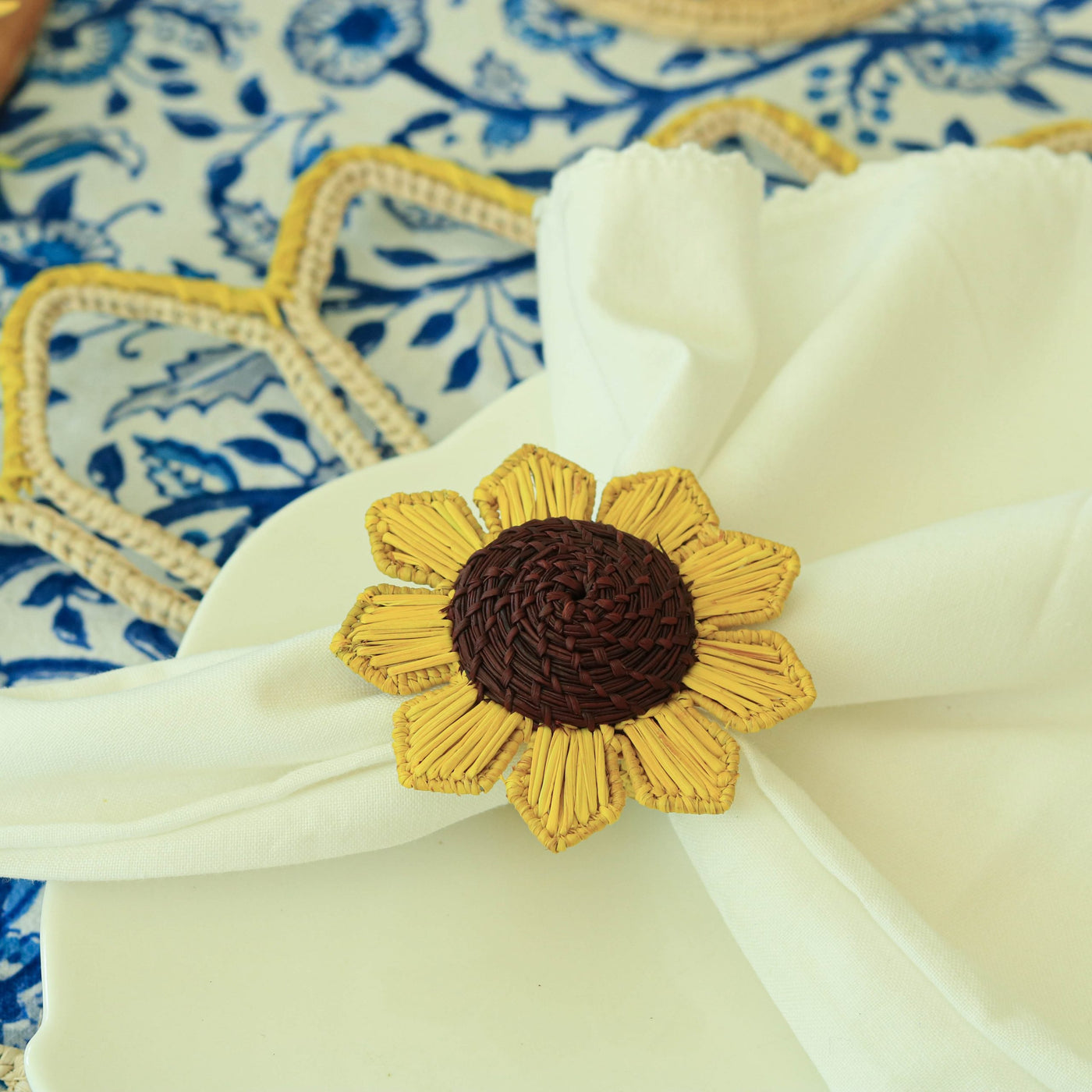 Sunflower Woven Straw Napkin Ring - Set of 6
