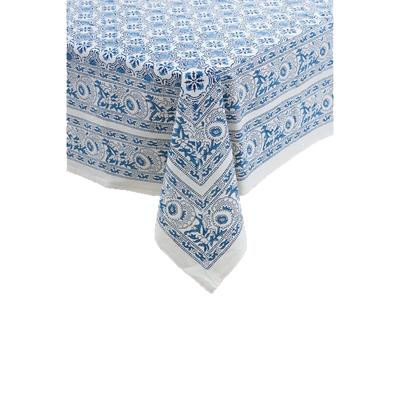 Block Printed Blue Floral Tablecloth